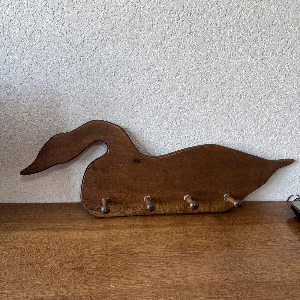 Vintage Handmade Wood Goose Silhouette Hanger W/ 4 Pegs Cottage Core Farmhouse